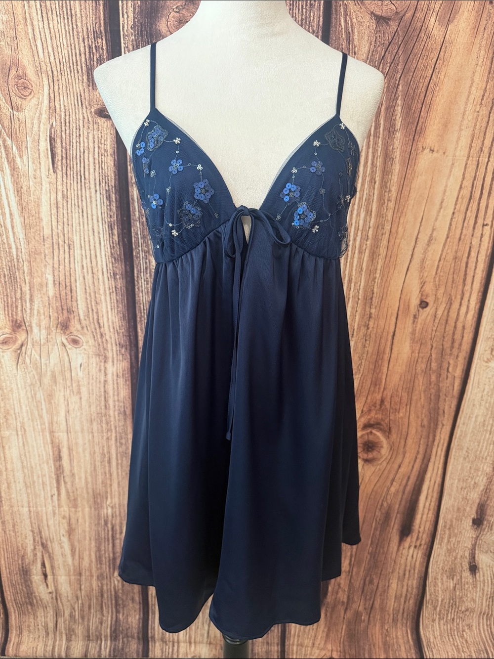 wild fable Navy Floral Embellished Bust Satin Chemise with Tie Front